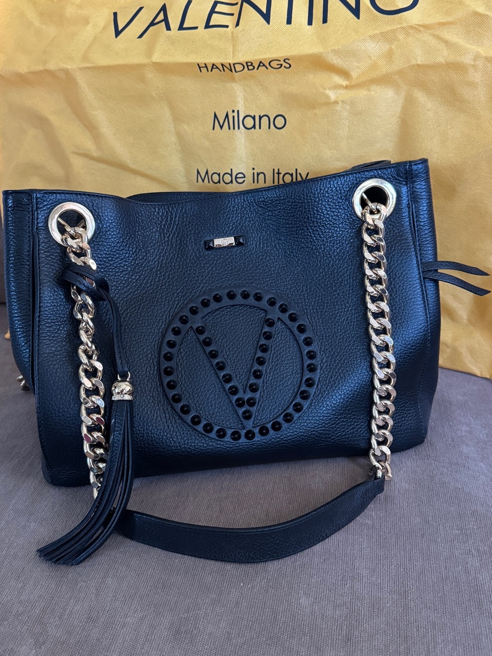 Valentino Black Leather Shoulder Bag with Gold Chain
